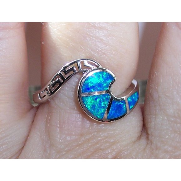925 STERLING SILVER Lab Created Blue Fire Opal Greek Key & Wave Ring - Picture 3 of 16